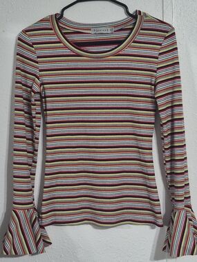 Y2K 36 Point 5 Rainbow Stripe Ribbed Bell Sleeve Top Stretch Fitted Size M